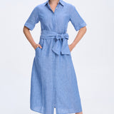 Cybil Blue Linen Shirt Dress with Tie Waist