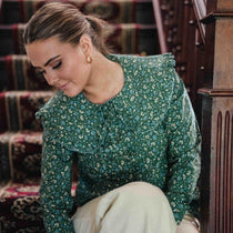 Bottle Green Floral' large Collared Cotton Blouse – front view