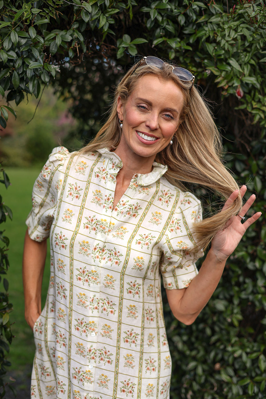 model wearing Clara linen dress, front view, close up