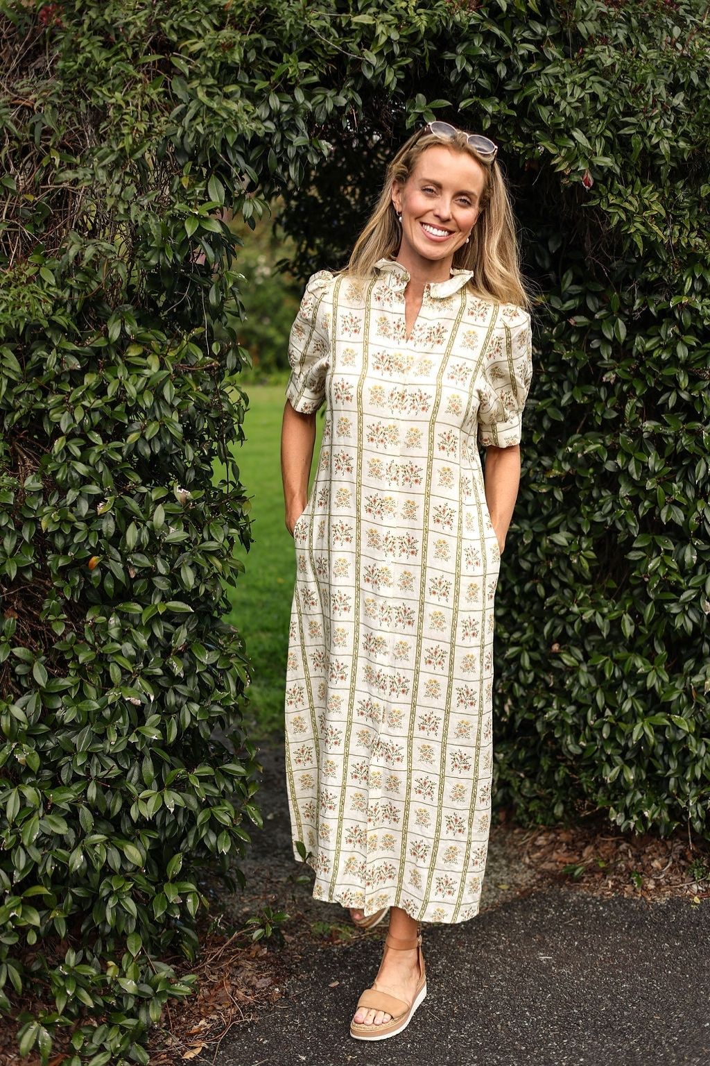 model wearing Clara linen dress, front view 