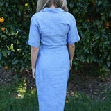 model wearing blue Cybil linen shirt dress, back view