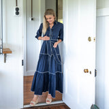 Navy Cotton Maxi Dres with white trim detail and tie waist full length paired with wedges