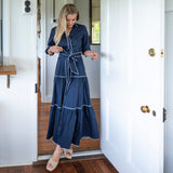 Navy Cotton Maxi Dres with white trim detail and tie waist and collar