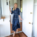 Navy Cotton Tiered Collared Maxi Dress with tie waist 