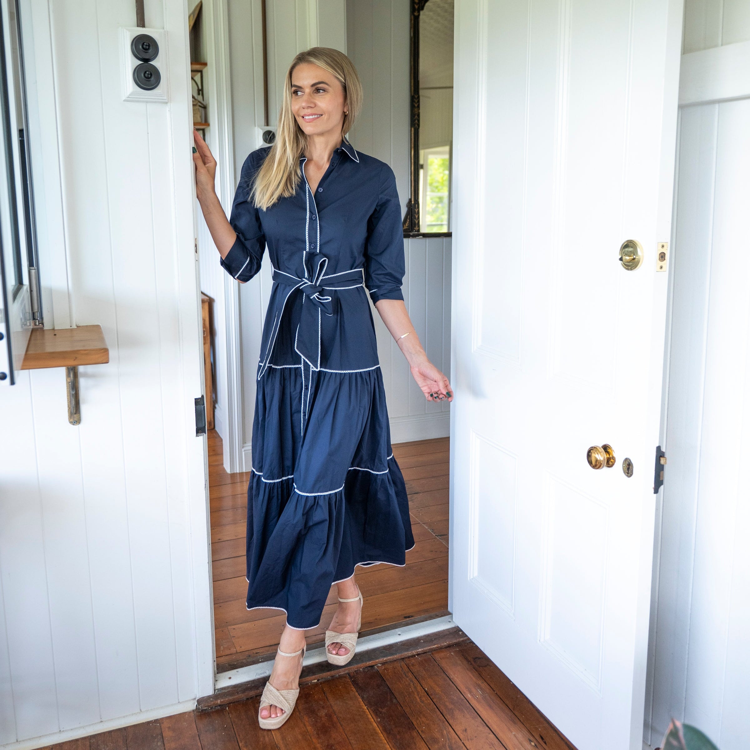 Navy Cotton Maxi Dres with white trim detail and tie waist