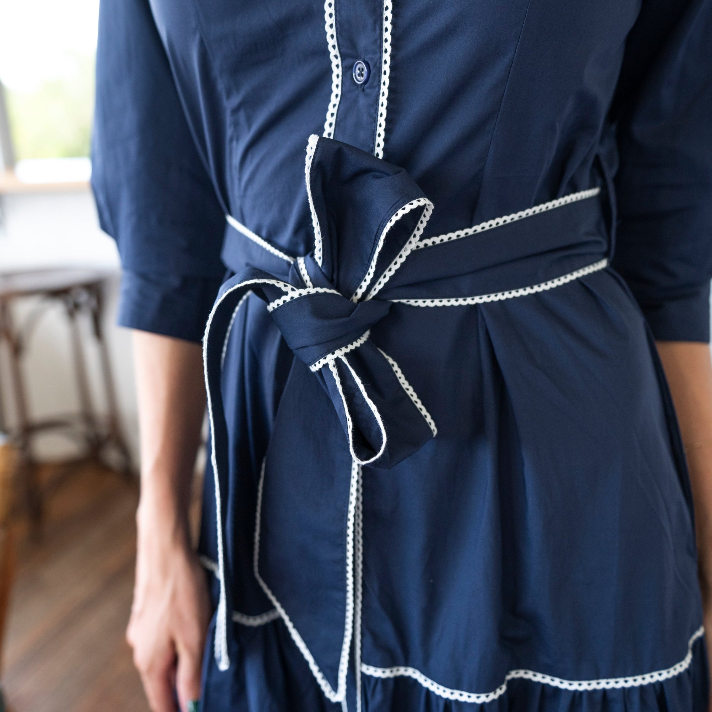 Tie waist navy dress