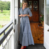 Navy Gingham Cotton Maxi dress with Tie waist and navy lace detail and red shoes