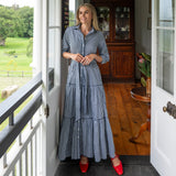 Navy Gingham Cotton Maxi dress with Tie waist and navy lace detail with red ballet flats