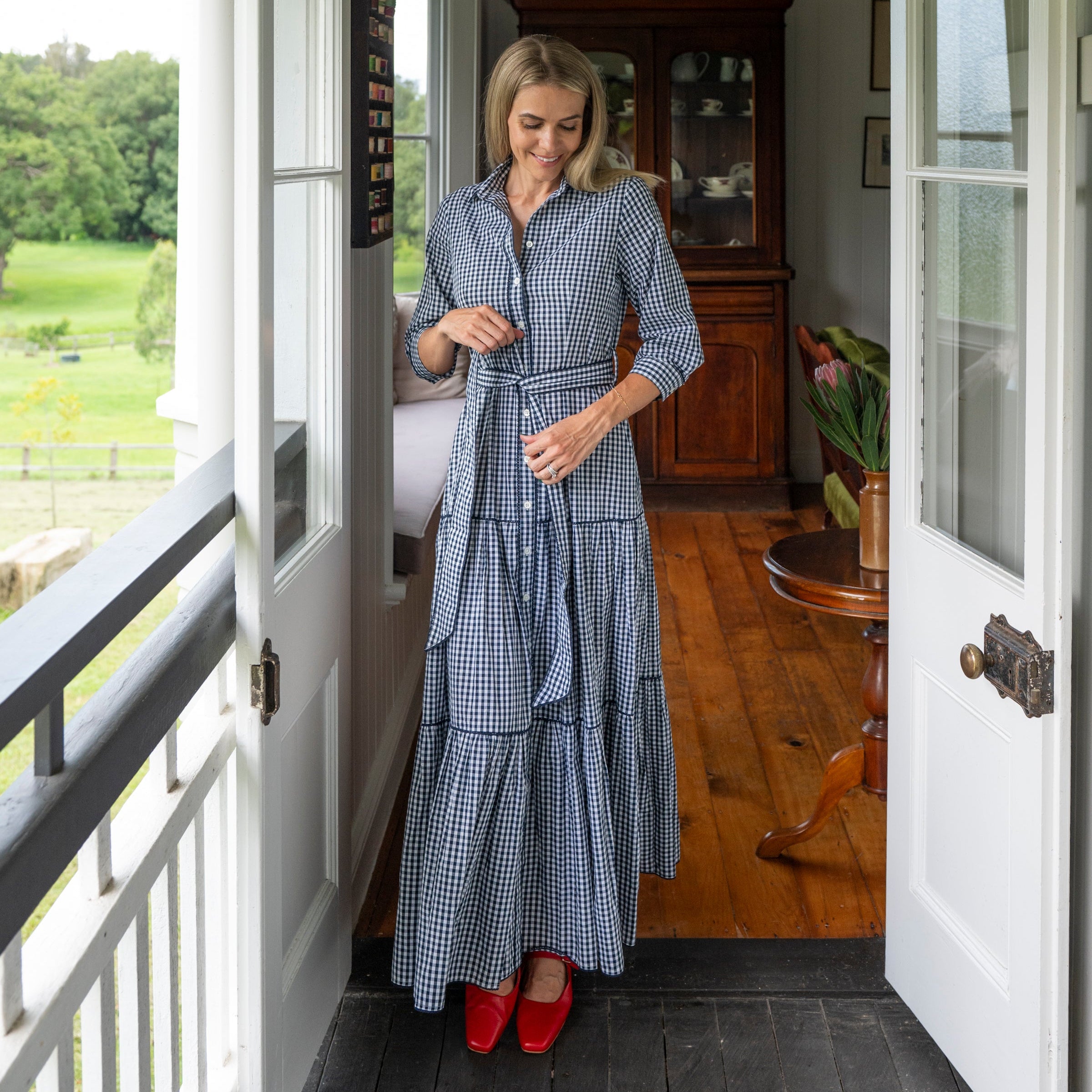 Navy Gingham Cotton Maxi dress with Tie waist and navy lace detail