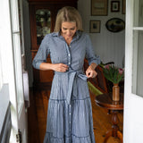 Navy Gingham Cotton Maxi dress with Tie waist and navy lace detail
Red ballet flats and collar with button front