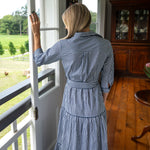 Navy Gingham Cotton Maxi dress with Tie waist and navy lace detail
Red ballet flats and collar with button front