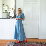 Navy & white dress - scalloped collar- chelsea collar - cotton - tie waist - red shoes