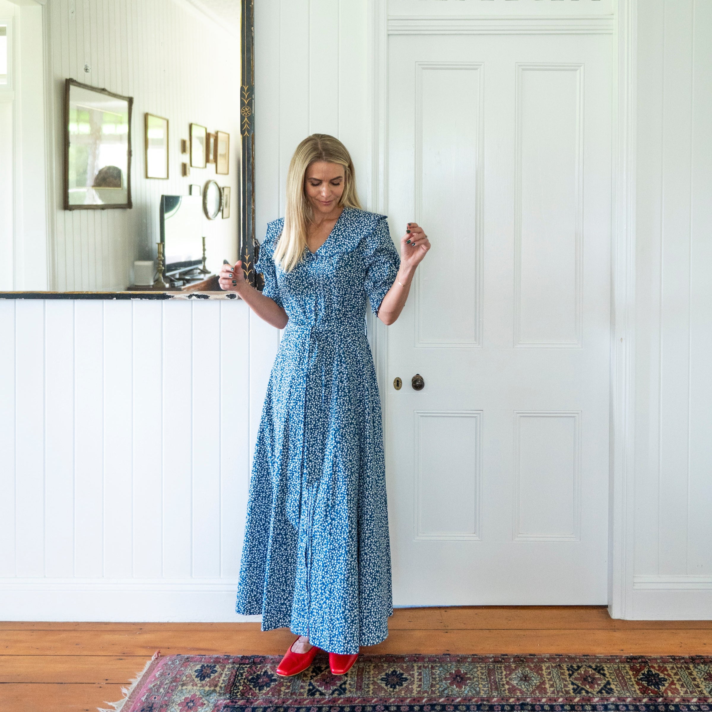 Navy & white dress - scalloped collar- chelsea collar - cotton - tie waist - red shoes