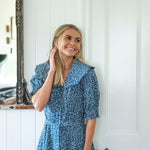 Navy & white dress - scalloped collar- chelsea collar - cotton - tie waist - red shoes