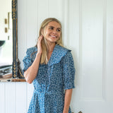 Navy & white dress - scalloped collar- chelsea collar - cotton - tie waist - red shoes