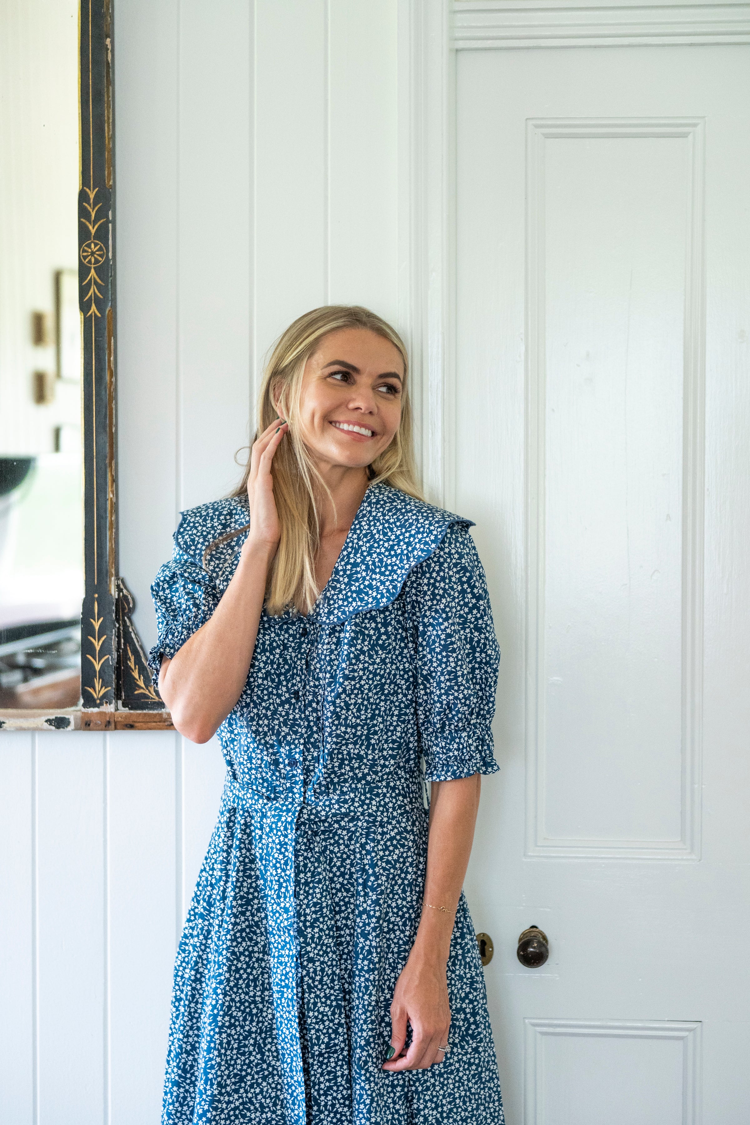 Navy & white dress - scalloped collar- chelsea collar - cotton - tie waist - red shoes