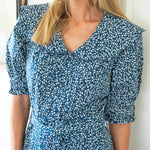 Navy & white dress - scalloped collar- chelsea collar - cotton - tie waist - red shoes