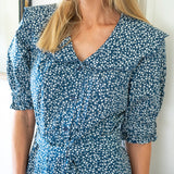 Navy & white dress - scalloped collar- chelsea collar - cotton - tie waist - red shoes