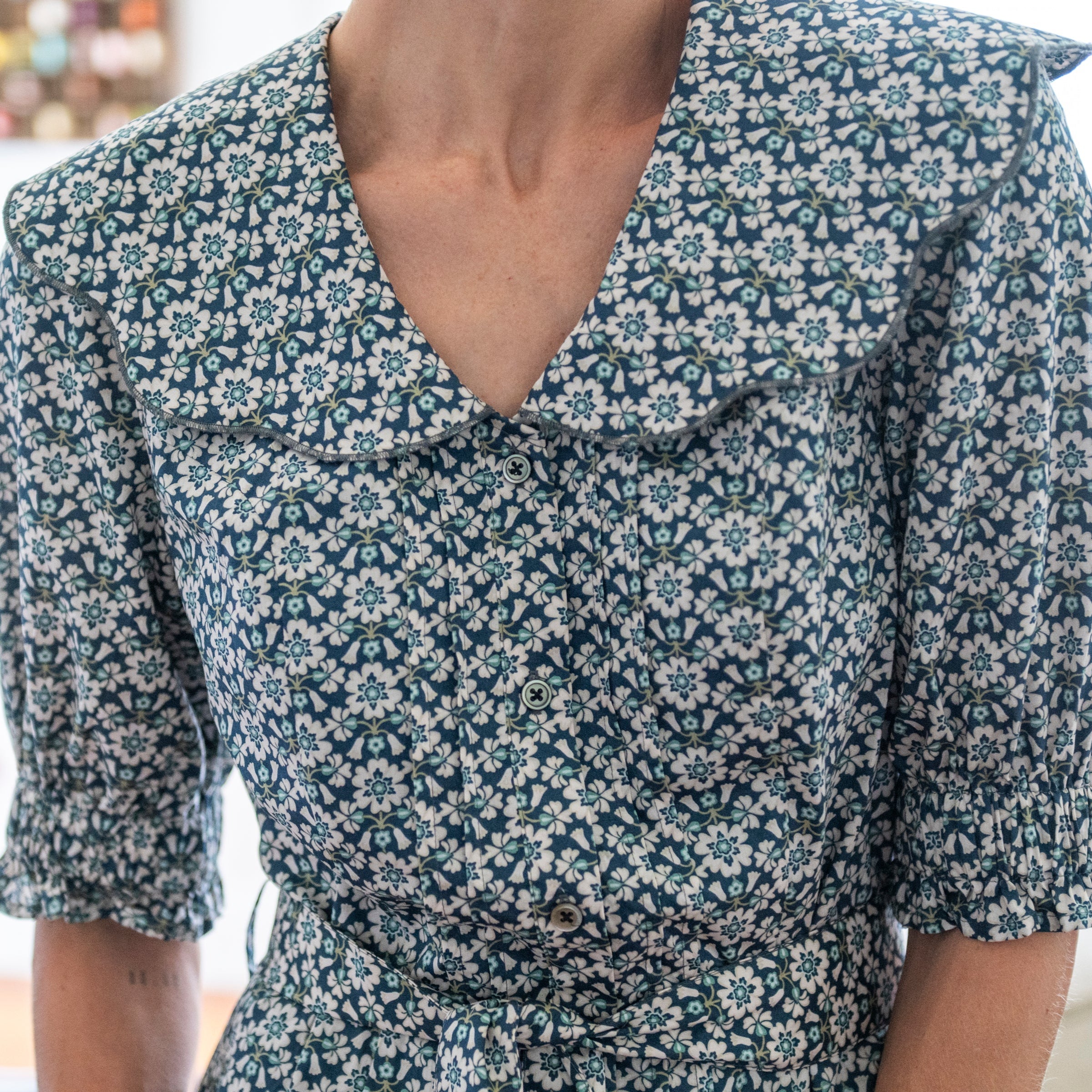 Scalloped Collar- Liberty Floral Fabric - Maxi Dress - Boots- Blue floral print