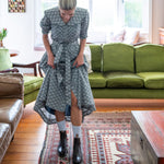 Scalloped Collar- Liberty Floral Fabric - Maxi Dress - Tan boots and socks