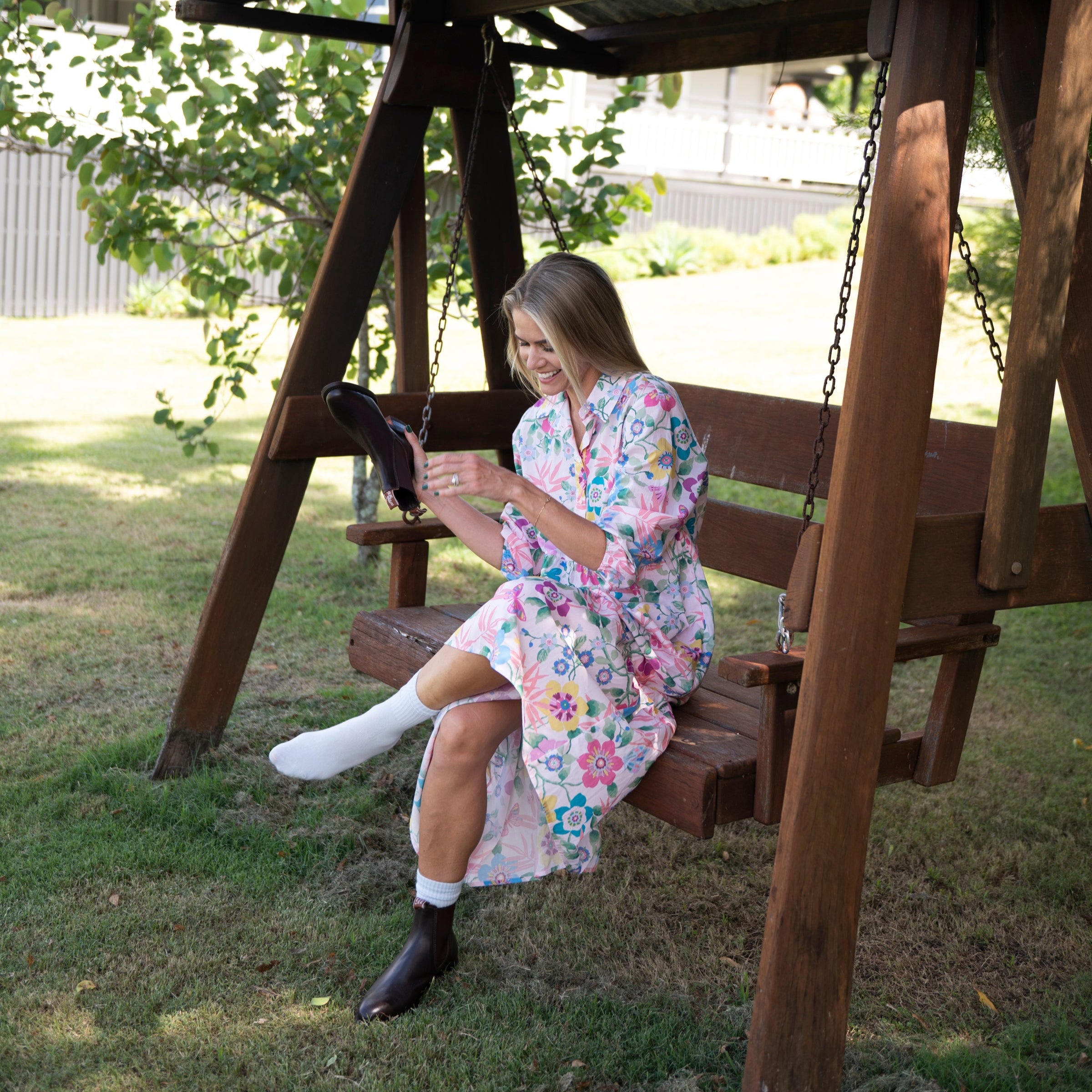 Dress with RM williams boots in pink floral Liberty fabric with collar and maxi length