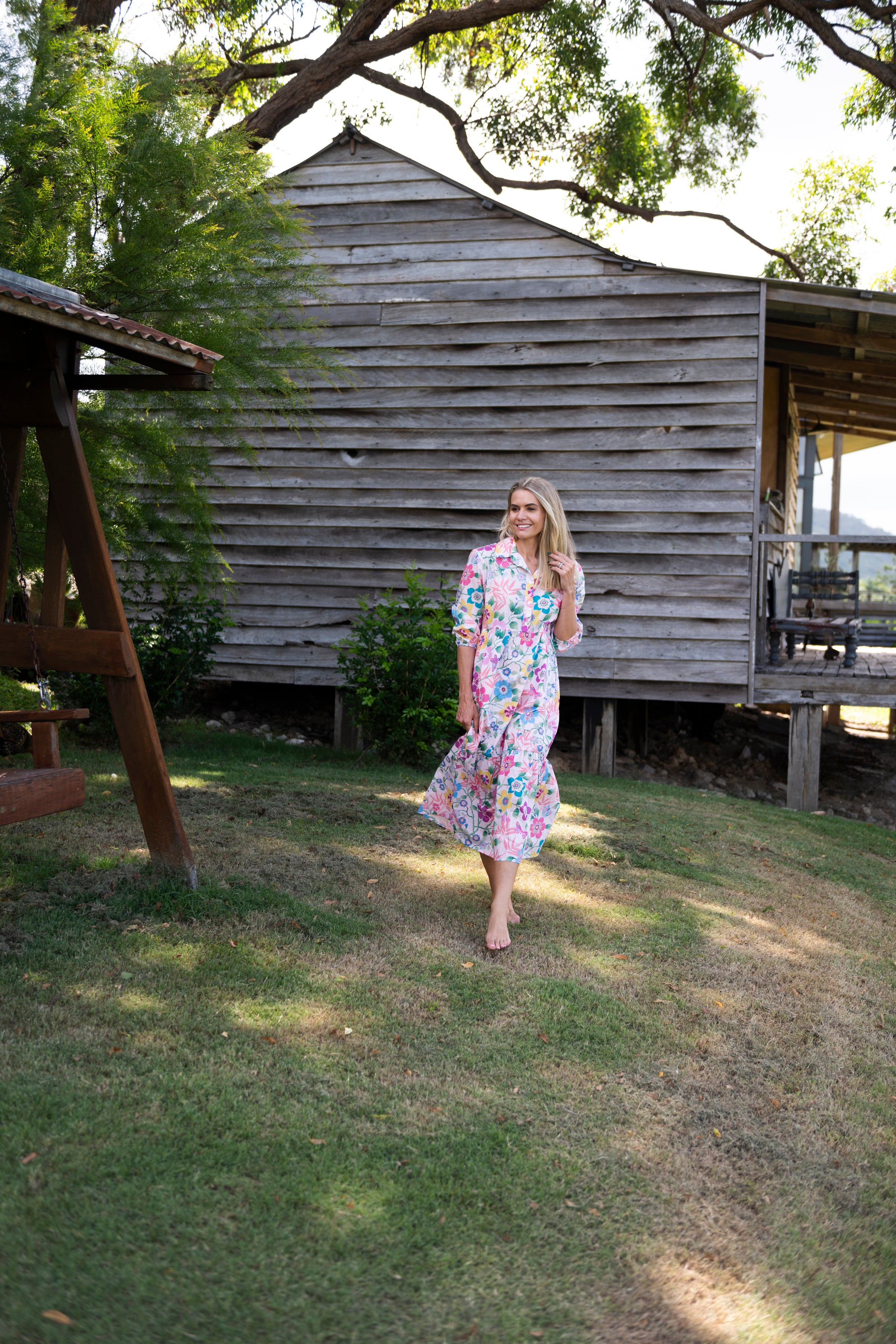 Tiered Maxi Dress in pretty pink Liberty cotton with collar