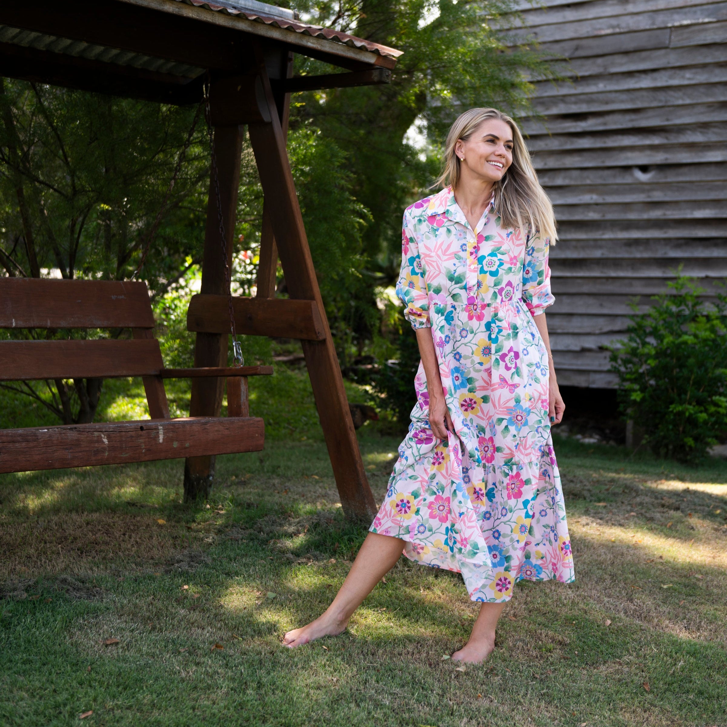 Tiered Maxi Dress in pretty pink Liberty cotton with collar