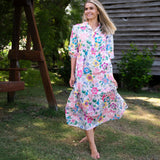 Collared maxi dress in pink floral print with colourful flowers in cotton with a collar