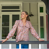 Chelsea Collared Liberty Fabrics Floral Blouse with full buttons paired with jeans