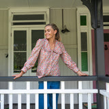 Chelsea Collared Liberty Fabrics Floral Blouse with full buttons paired with jeans