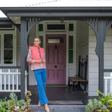 Chelsea Collared Liberty Fabrics Floral Blouse with full buttons paired with jeans red vest and gold shoes by Zara