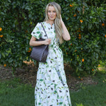 forever floral cotton maxi dress full length front view with bag