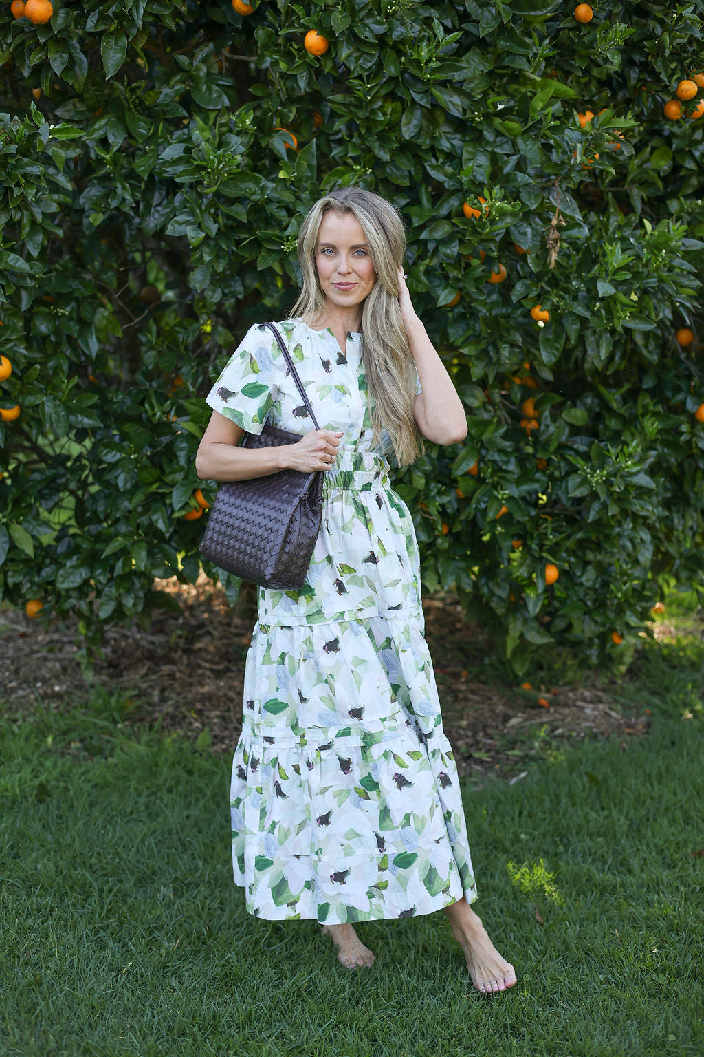 forever floral cotton maxi dress full length front view with bag