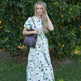 forever floral cotton maxi dress full length front view with bag
