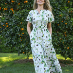 forever floral cotton maxi dress full length front view model hands in pockets