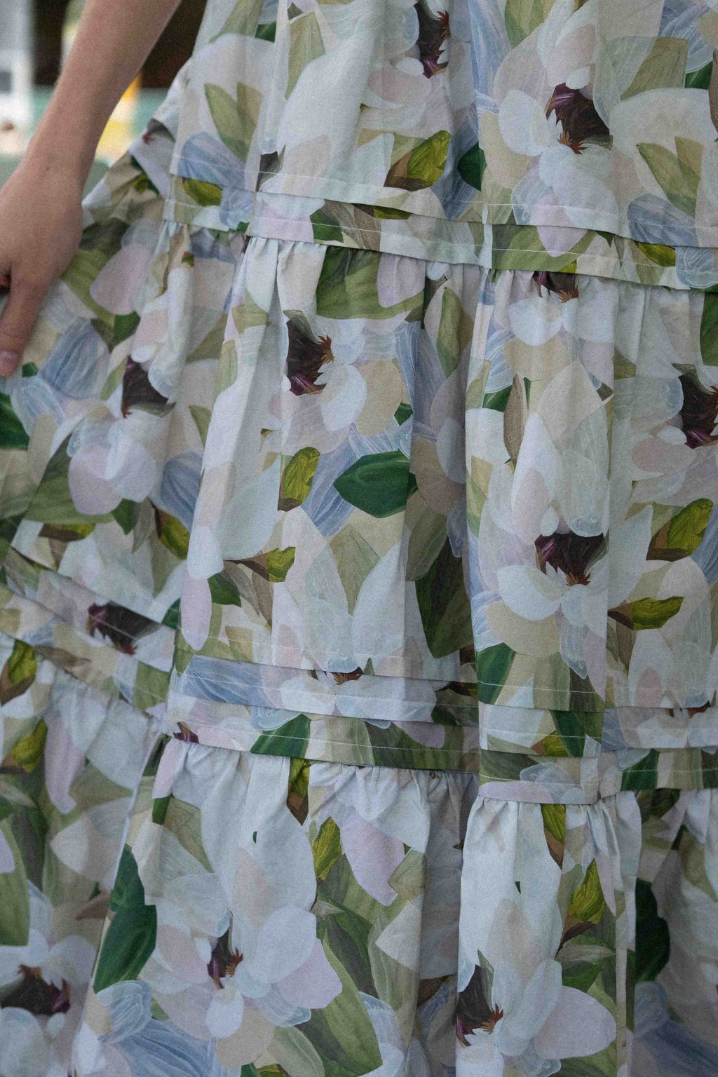 forever floral cotton maxi dress up close image of skirt tier detailing