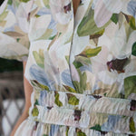 forever floral cotton maxi dress up close view of waist and print detail