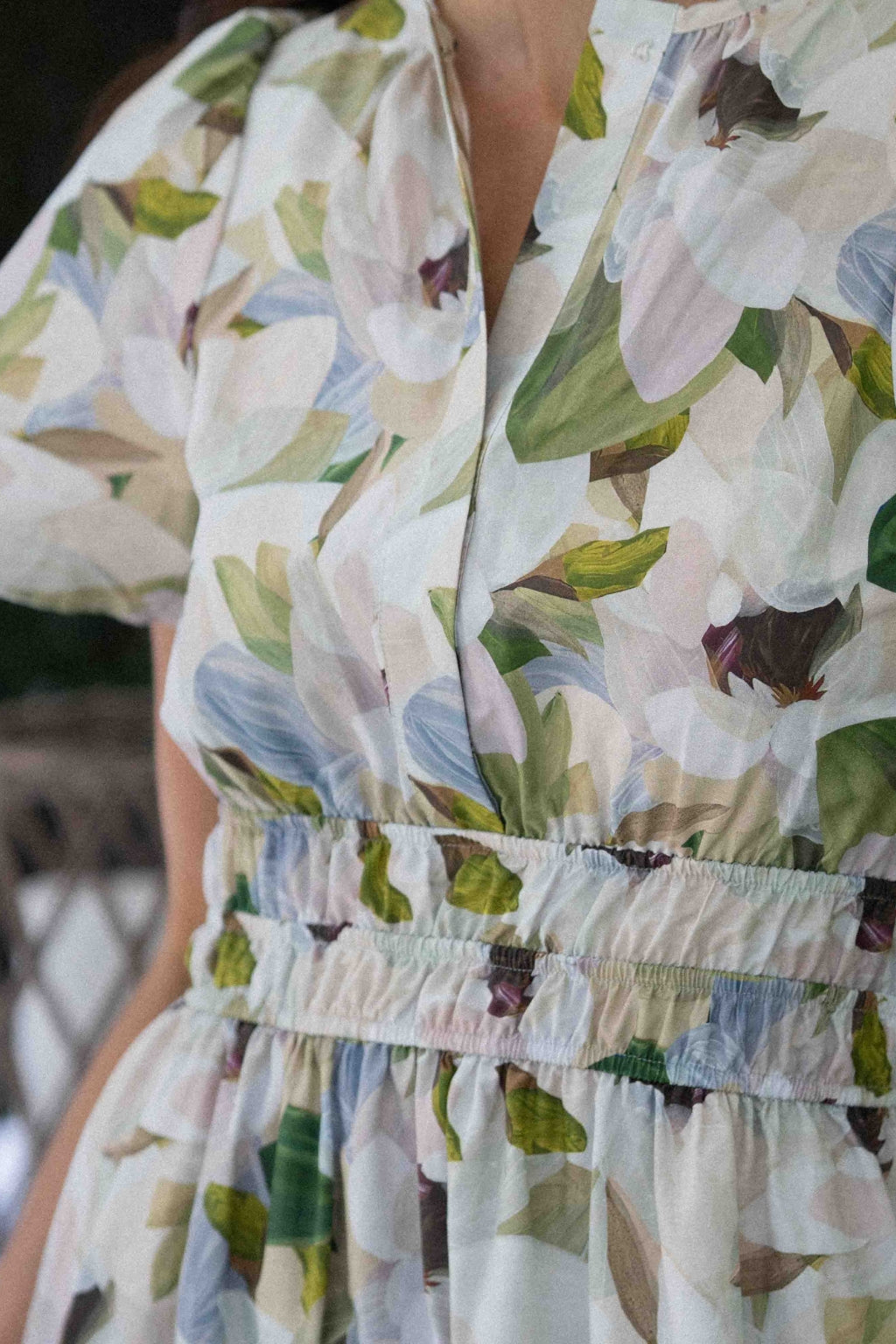 forever floral cotton maxi dress up close view of waist and print detail