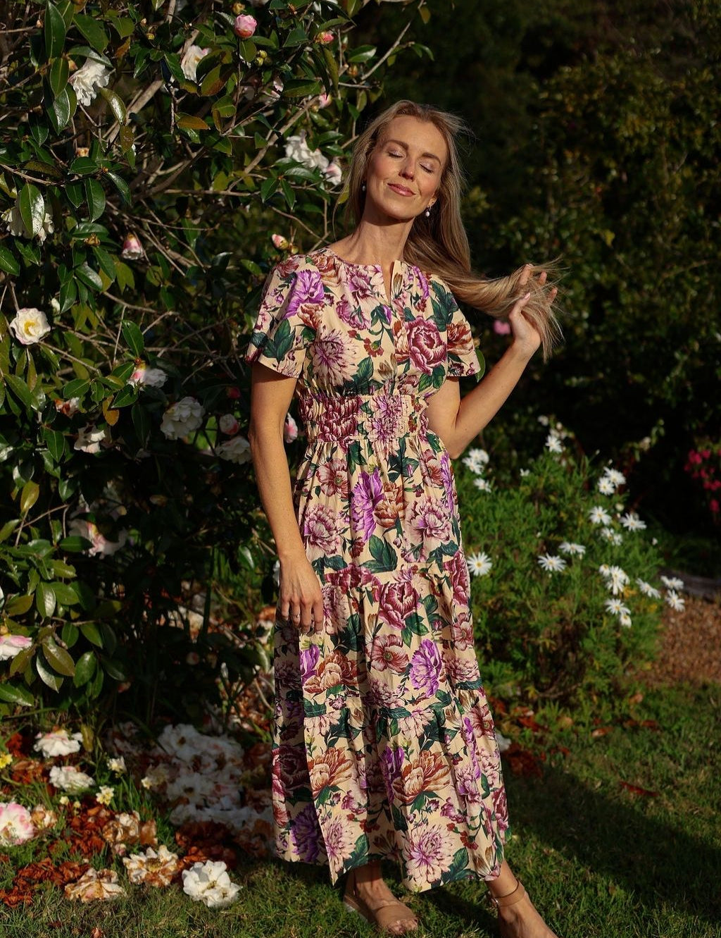 model wearing Georgina cotton maxi dress in pink floral print, full length front view