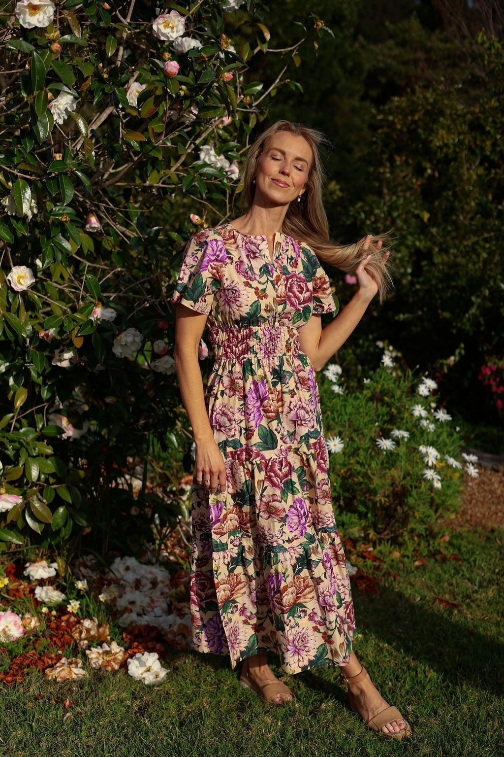 model wearing Georgina cotton maxi dress in pink floral print, full length front view