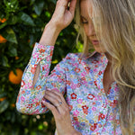 model wearing Maeve cotton shirt in Morley Hills print, up close cuff detail