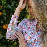 model wearing Maeve cotton shirt in Morley Hills print, up close cuff detail