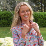 model wearing Maeve cotton shirt in Morley Hills print