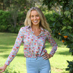 model wearing Maeve cotton shirt in Morley Hills print, full front view