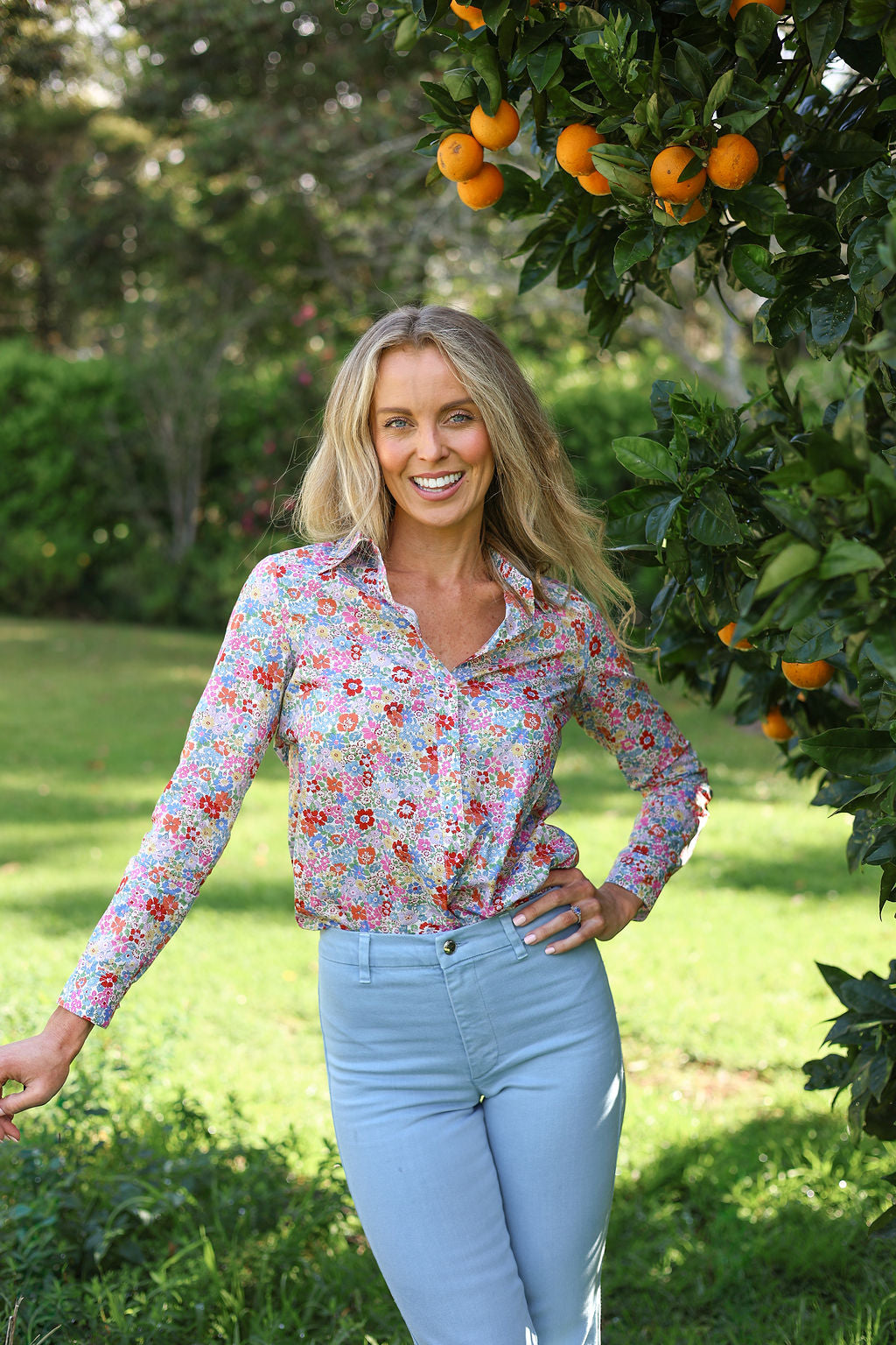 model wearing Maeve cotton shirt in Morley Hills print, full front view