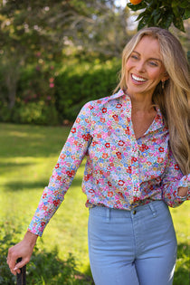model wearing maeve morley hill cotton shirt, front view