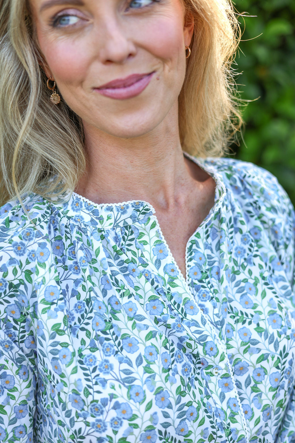 model wearing Valerie cotton shirt in Vigers Vine Liberty Print, close up