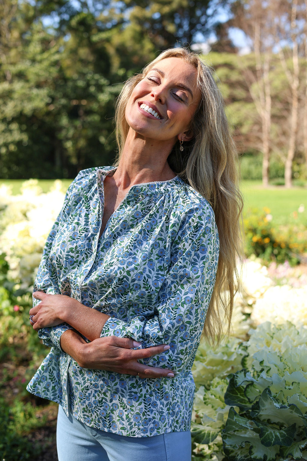 model wearing Valerie cotton shirt in Vigers Vine Liberty print, front view