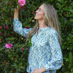 model wearing Valerie cotton shirt in Vigers Vine Liberty print, left side view