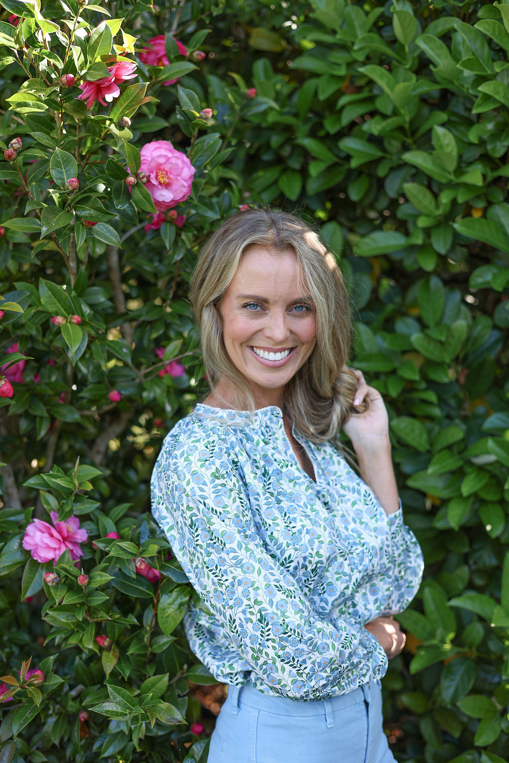 model wearing Valerie cotton shirt in Vigers Vine Liberty print, right three quarter view